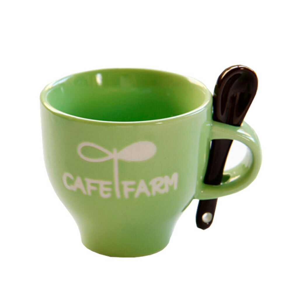 Set of 2, Mini Ceramic Coffee Mugs Espresso Cups w/ Spoon 4oz Green Blue