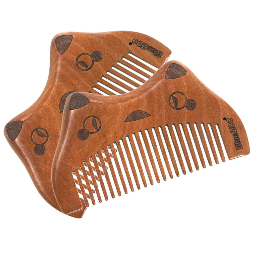 2Pcs Cute Cat Head Anti Static Wooden Massage Comb for Beard Hair Fine Tooth
