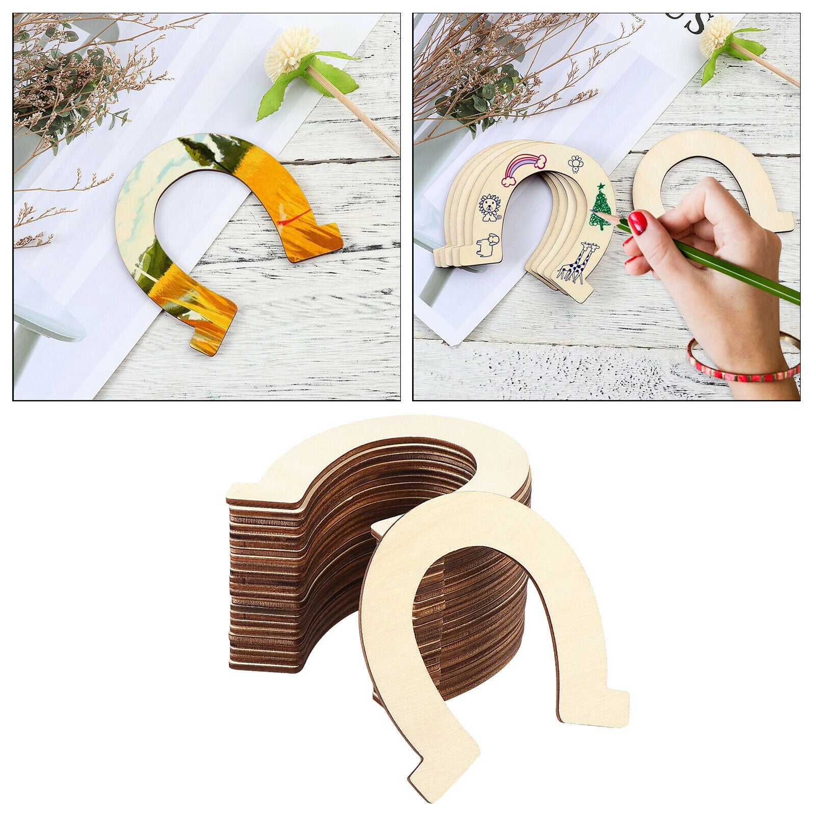 DIY Wooden Slices Crafts Horseshoes Shape Pieces Cowboy Hanging Decoration