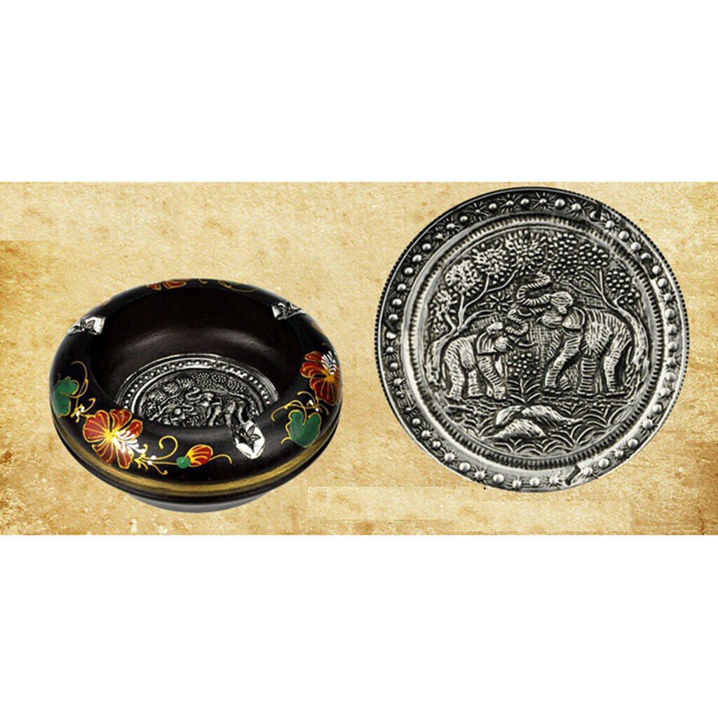 2x Leopard/Painted Print Solid Wooden Ashtrays Round Thailand Style Ashtrays