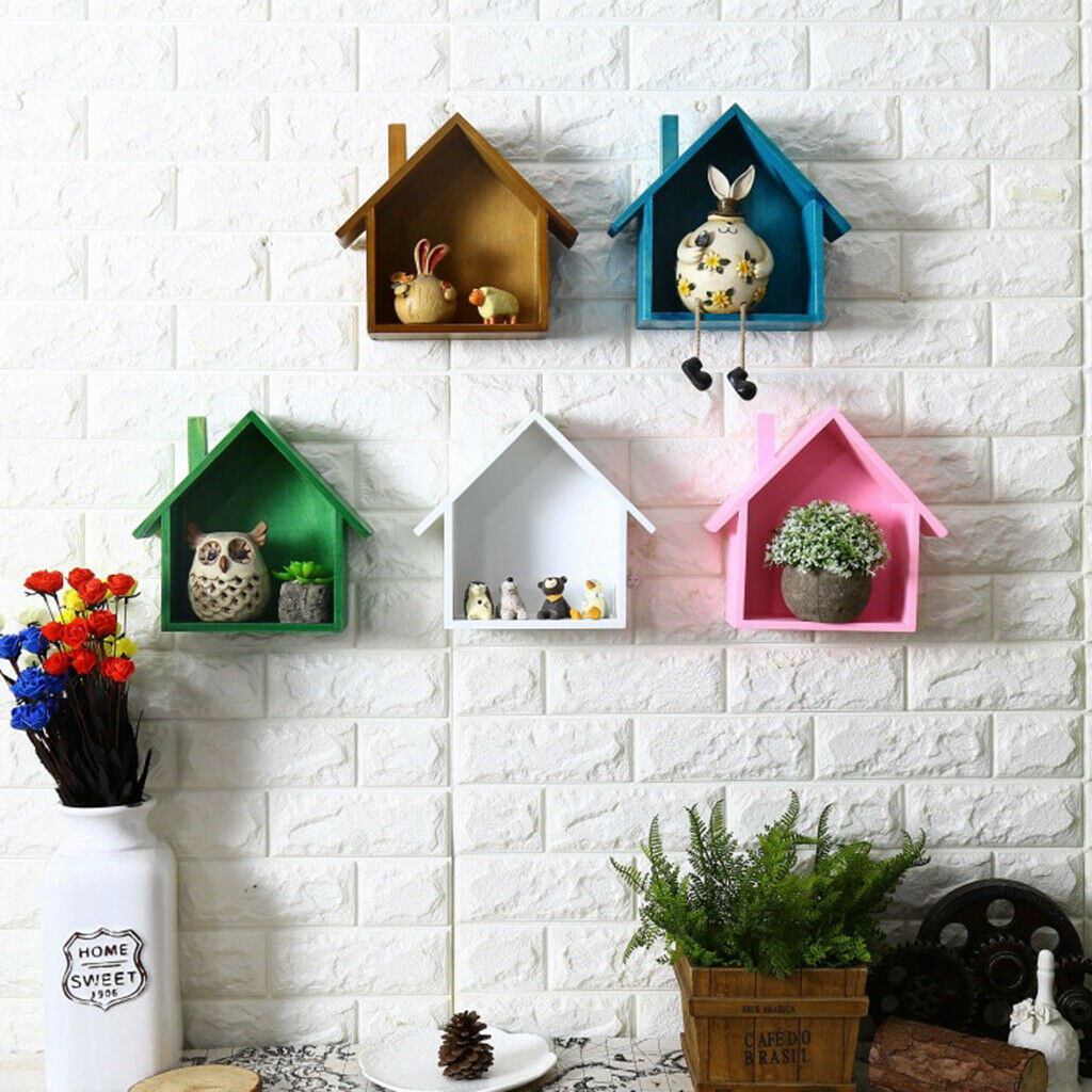 2x Wooden House-shaped Wall Storage Shelf Kids Room Decoration Display Shelf