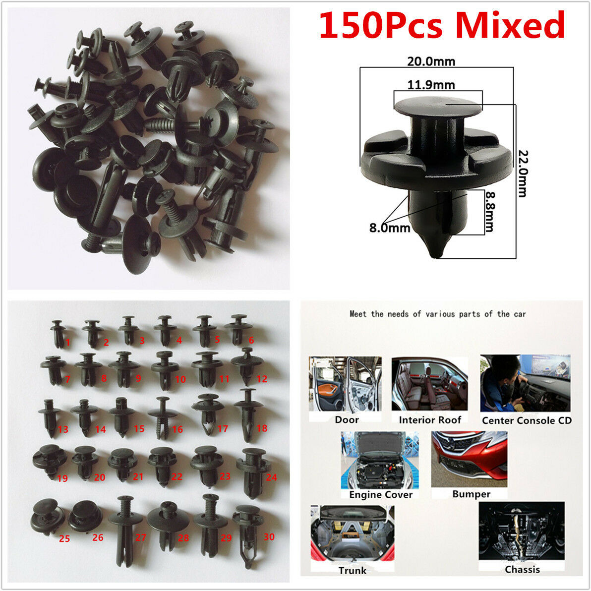 150Pcs Mixed Car Bumper Leaf Plate Fender Trunk Screw Rivets Fastener Clips Kit