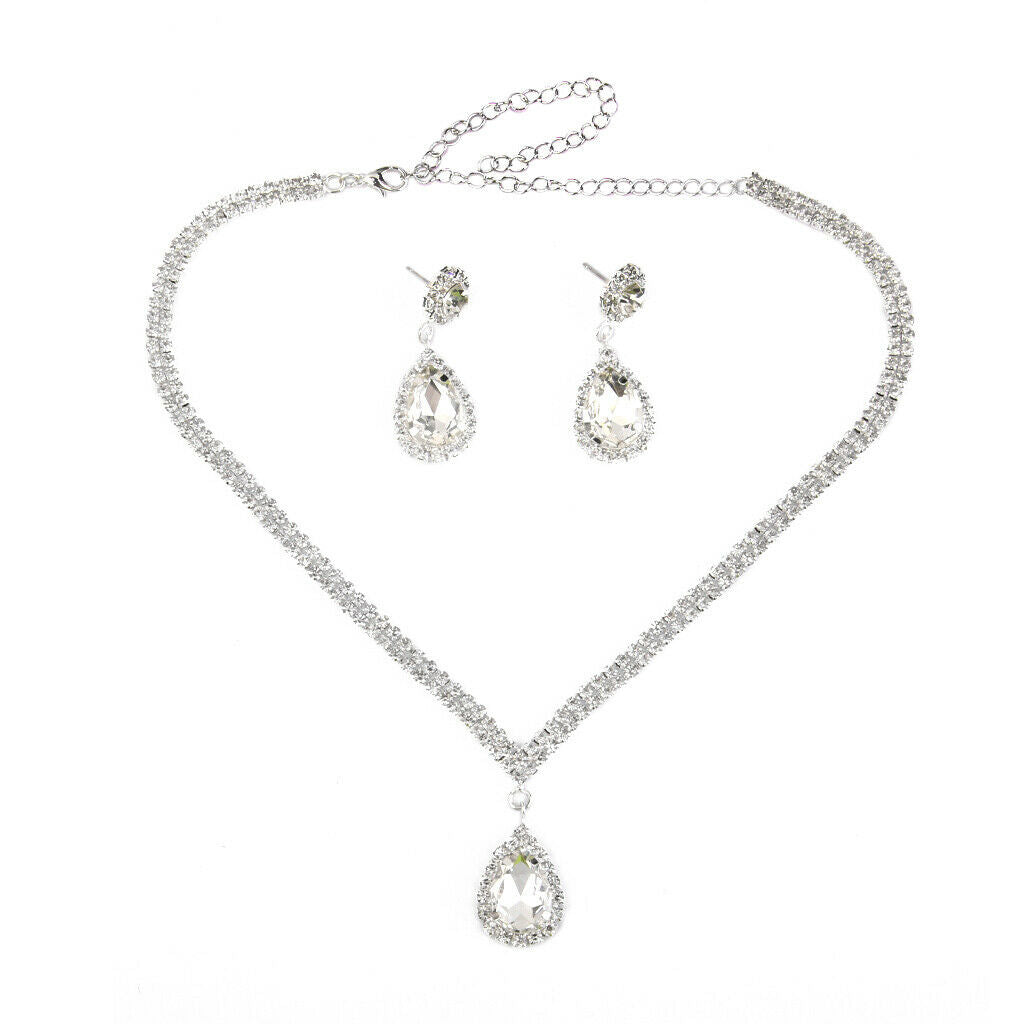 Wedding Prom Bridal Crystal Diamante Tear Drop Necklace Earring Jewelry Set