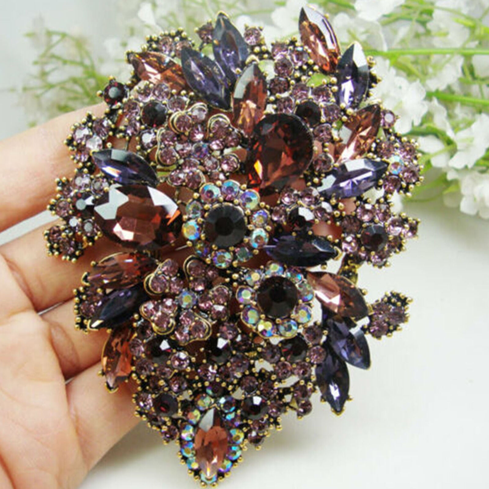 3.94" Purple Dual Droplets Flower Group Rhinestone Crystal Brooch pin Pendant