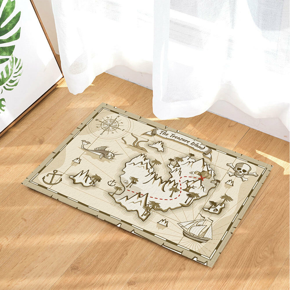 Island Treasure Map For Pirate Plush Bathroom Decor Mat with Non Slip Backing