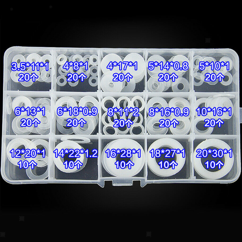 250Pcs White Nylon Washer Flat Washer Gasket Ring Seals Kit w/ Storage Box