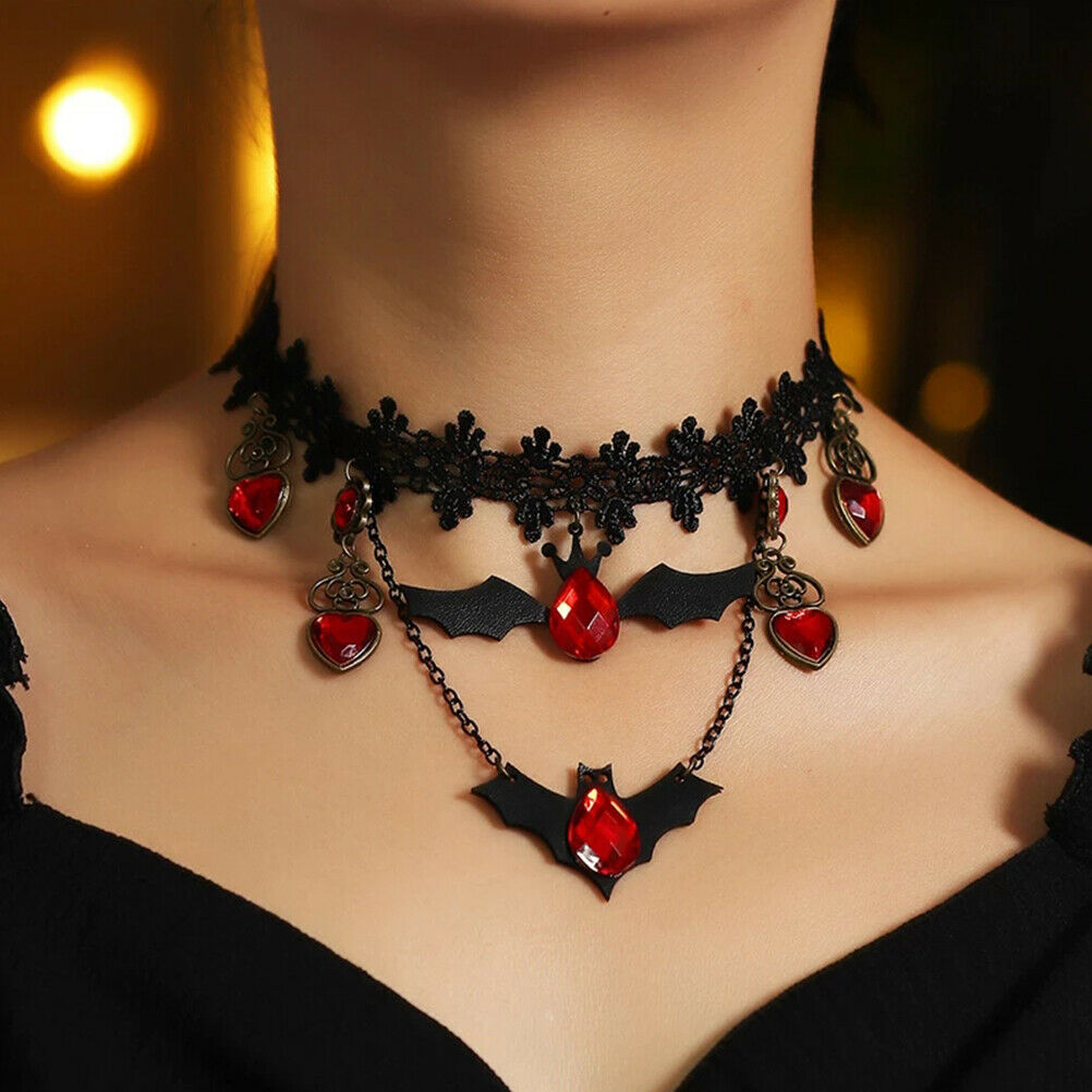 Gothic Jewelry Red Bat Halloween Necklace Lace Choker Necklace Nightmare Laye PT