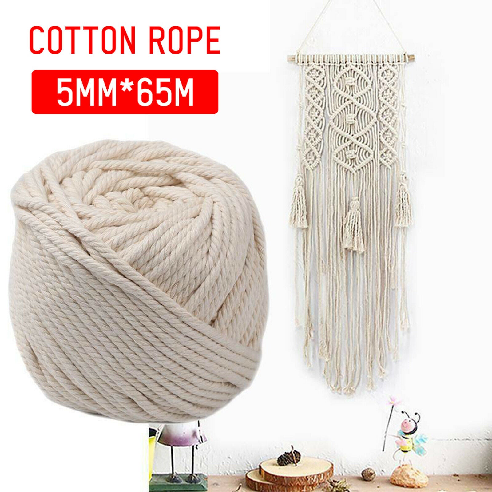 65m 5mm Natural Beige Cotton Macrame Twisted Artisan String Thread Cord Rope