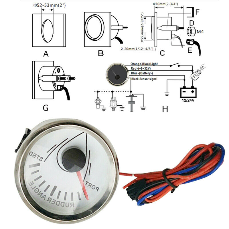 52mm 2" 0-190ohm Rudder Angle Indicator Gauge Meter Marine Yacht 6 LCD Display