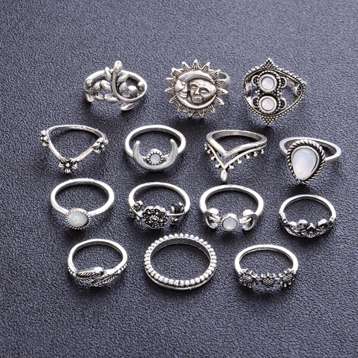 14 PCS/set BOHO Moon & Sun Knuckle Opal Finger Ring Set Leaf Flower Midi Rings