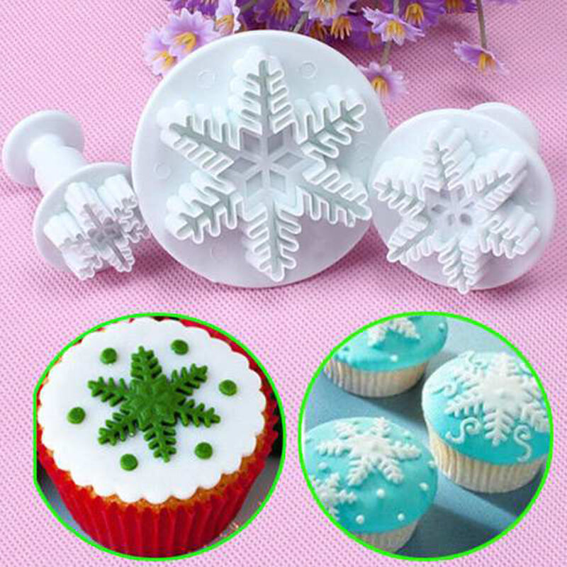 3 Pcs Cake Xmas Snowflake shape Plunger Fondant Decor Sugarcraft Mold Cut.l8