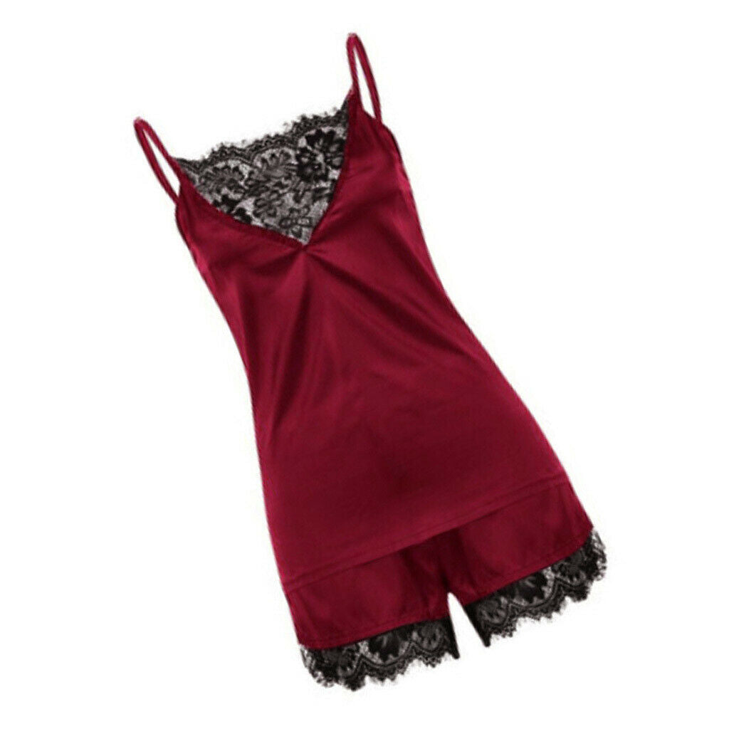 Wine Red Women's Lace Satin Sleepwear Cami Top and Shorts Pajama  M