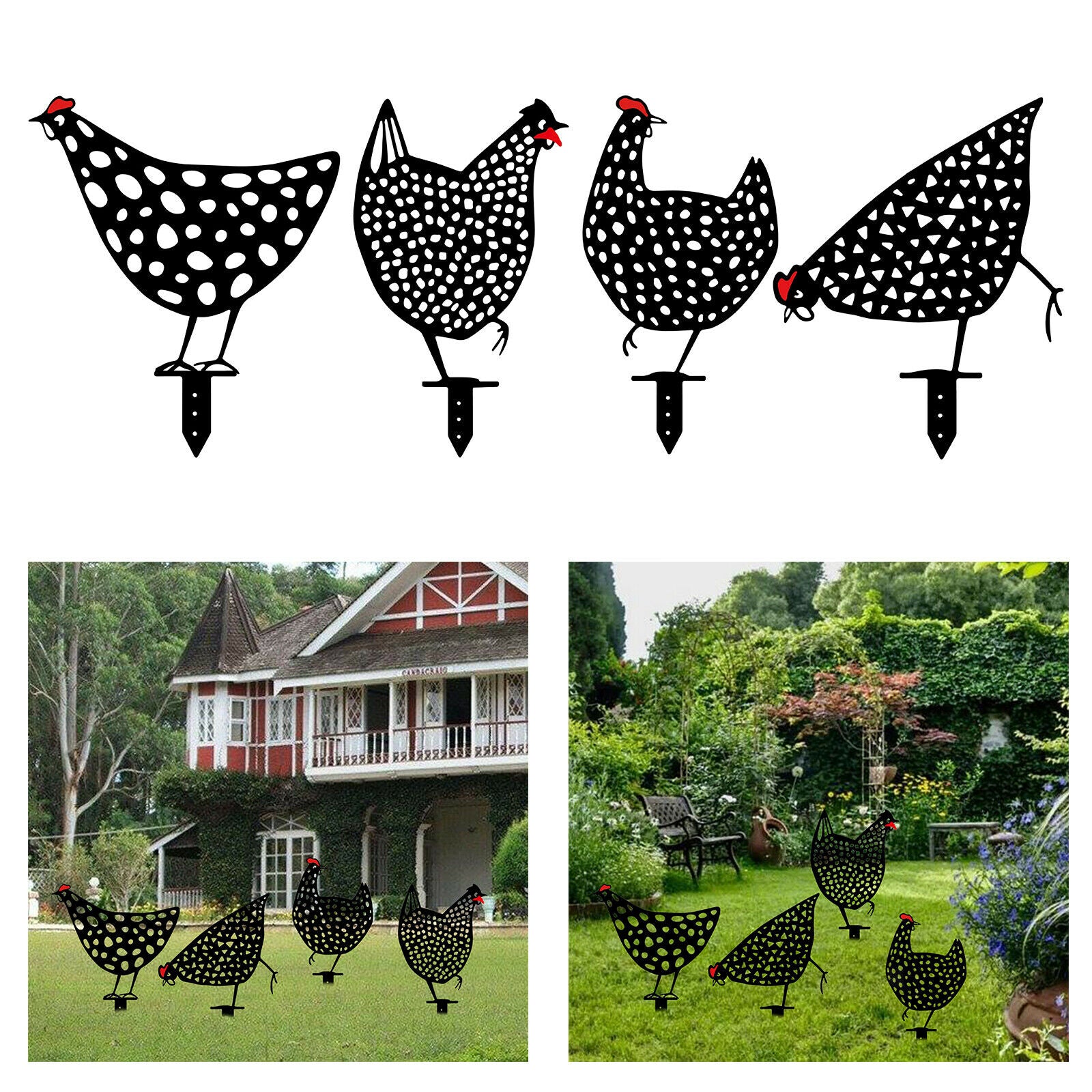 4x Chicken Silhouette Hollow Out Stakes Outdoor Garden Pathway Decoration