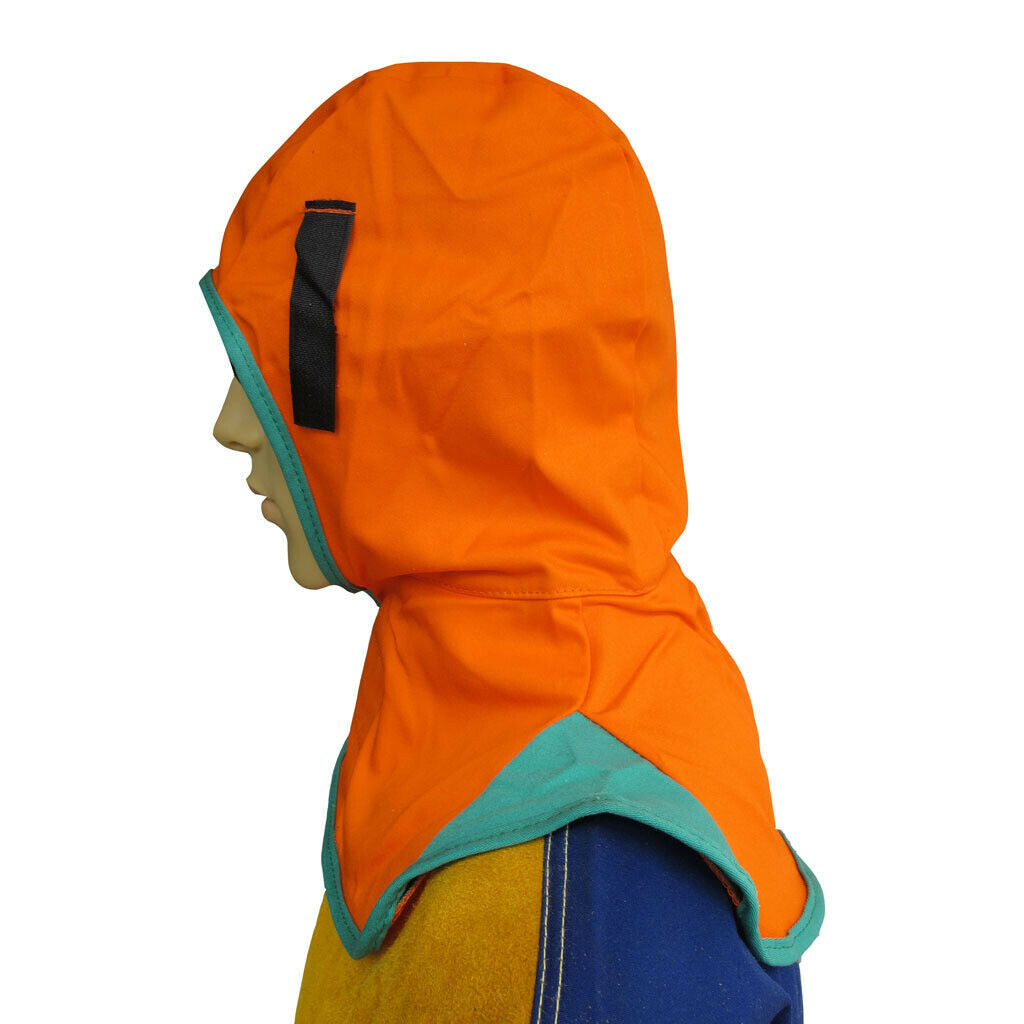 Orange sweat hood with neck shoulder draping flame retardant cotton