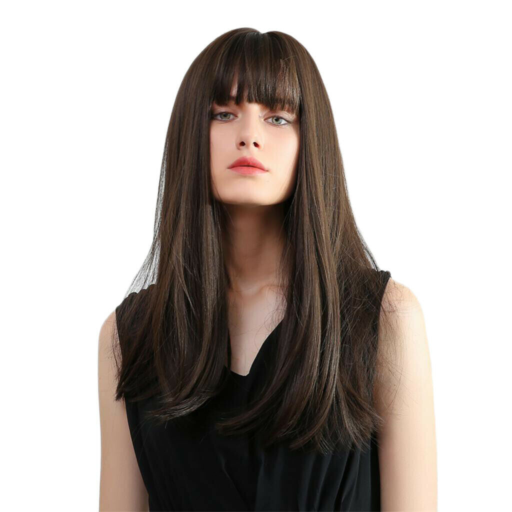 Lady Heat Friendly Straight Wigs With Bangs Daily Party Wig Dark Brown