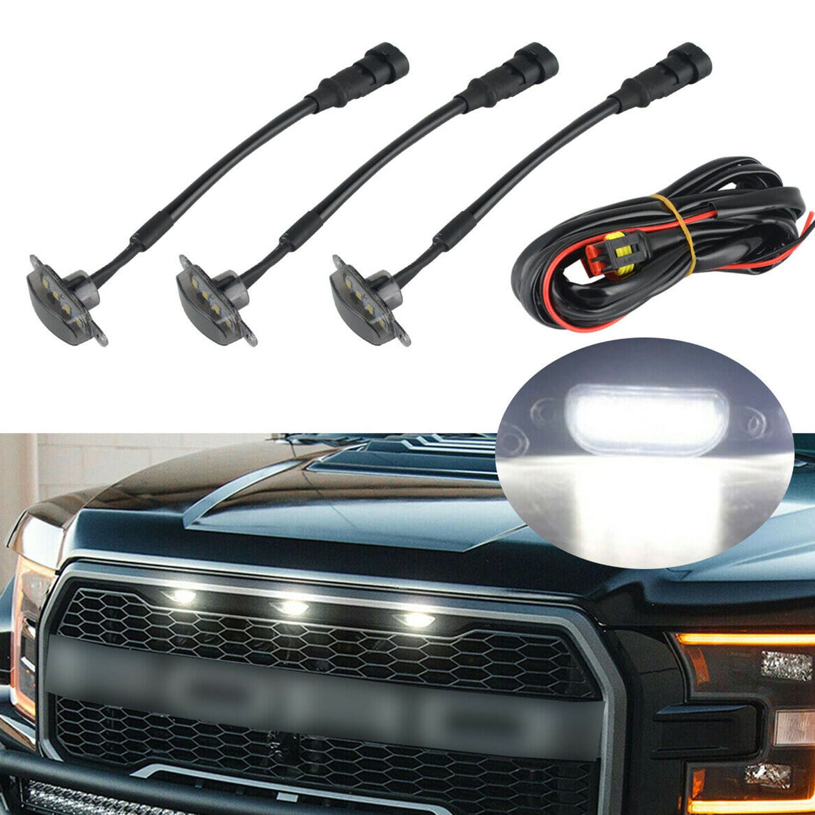3PCS LED Front Grill Lights White Grille Lamp Kit For Ford F150 2010-2018 Raptor