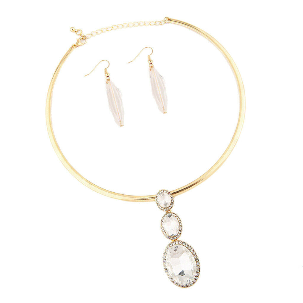 Crystal Collar Earrings Pendants Set Necklace Earrings Choker Jewelry Golden