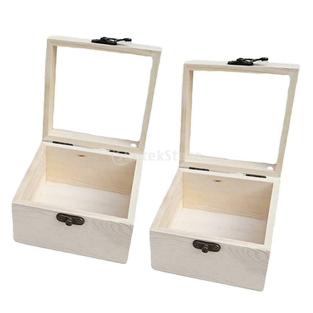 2x Rustic Unpainted Wooden Hinged Case Top Storage Container Displaying