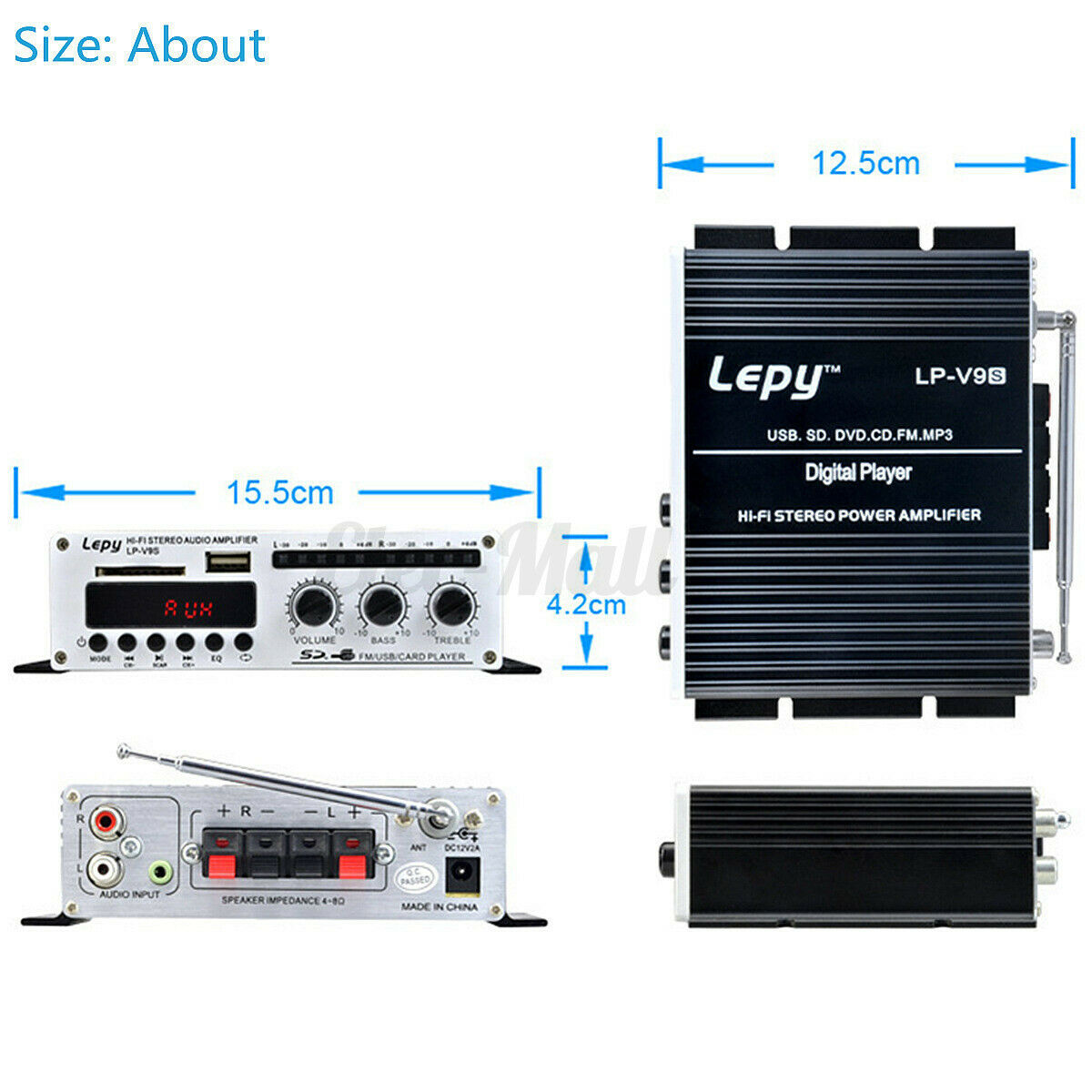 Lepy LP-V9S Mini Hi-Fi Stereo Amplifier Amp Radio MP3 Stereo Audio Home 12V