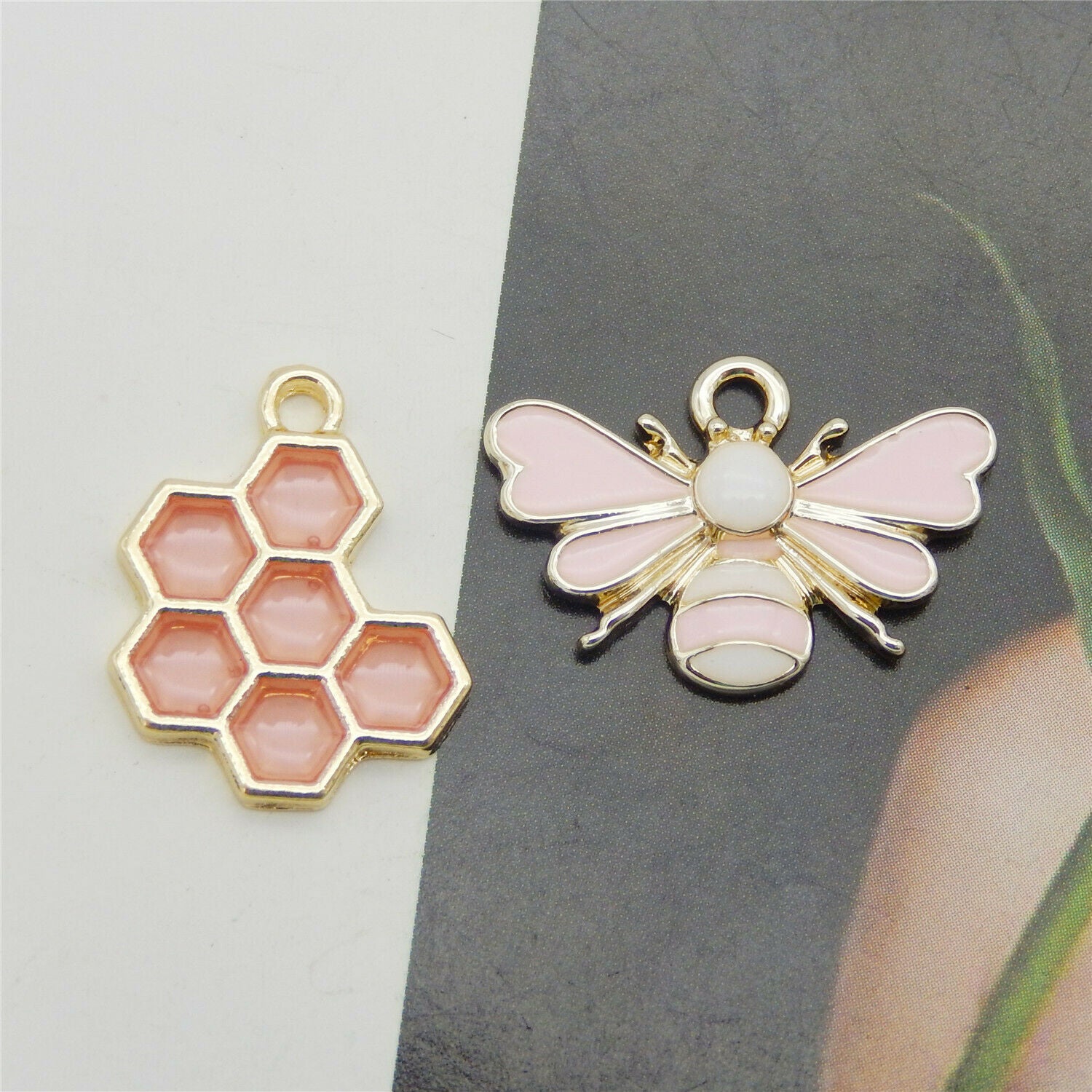12 pcs Mixed Pink Honeycomb Bracelet Charm Bee Enamel Pendant Jewelry Crafting