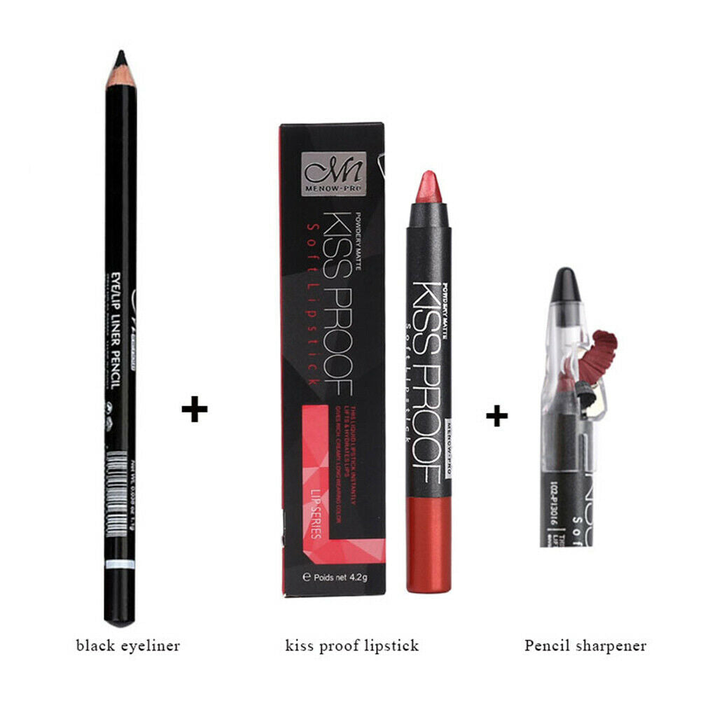 Long Lasting Waterproof Black Eyeliner Pencil+Lipstick Pen+Pencil Sharpener 04