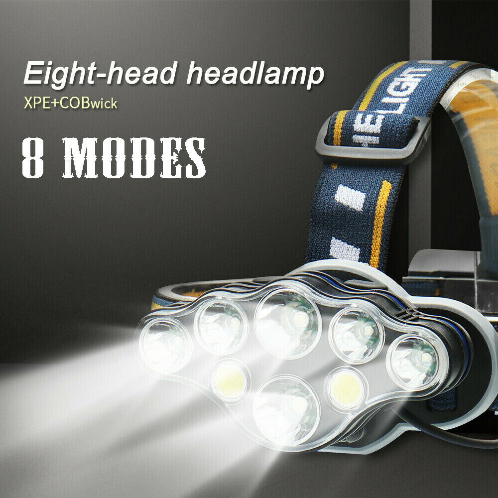 Super Bright 8 Light USB Rechargeable LED Headlamp 8 Modes Headlight Torch Light
