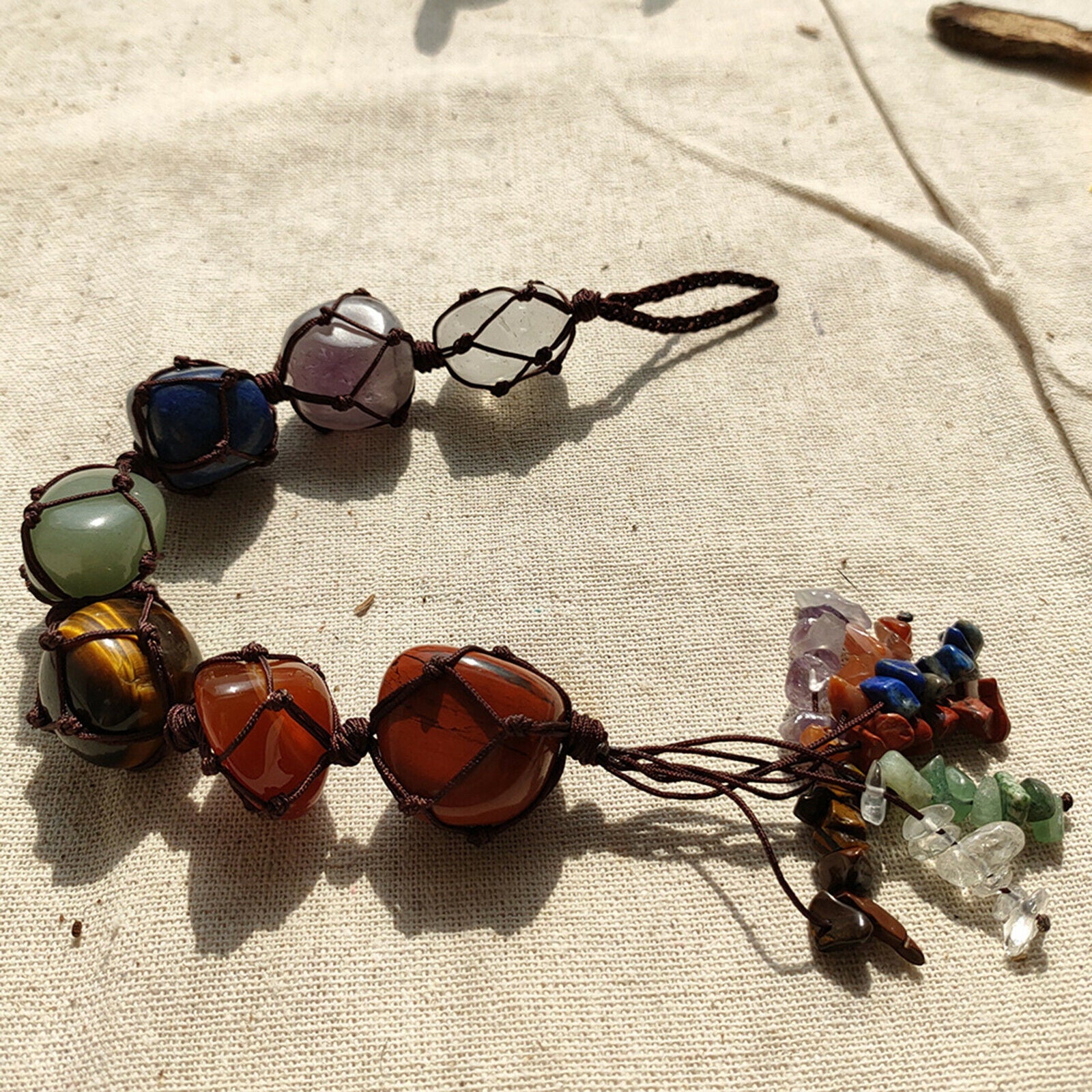 7 Chakra Hanging Ornament Quartz Tumbled Gemstones Yoga Meditation Car Decor