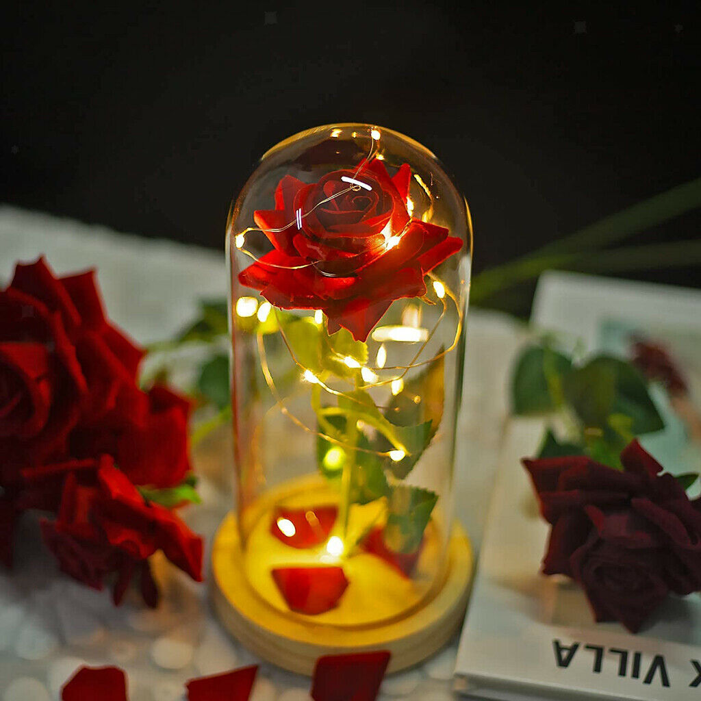 LED Eternal Rose Preserved Glass Dome Valentine's Day Fresh Roses Christmas
