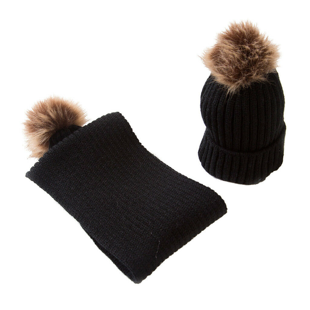 Toddler Kids Baby Winter Warm Pom Bobble Hat Knit Beanie   Scarf Set Black