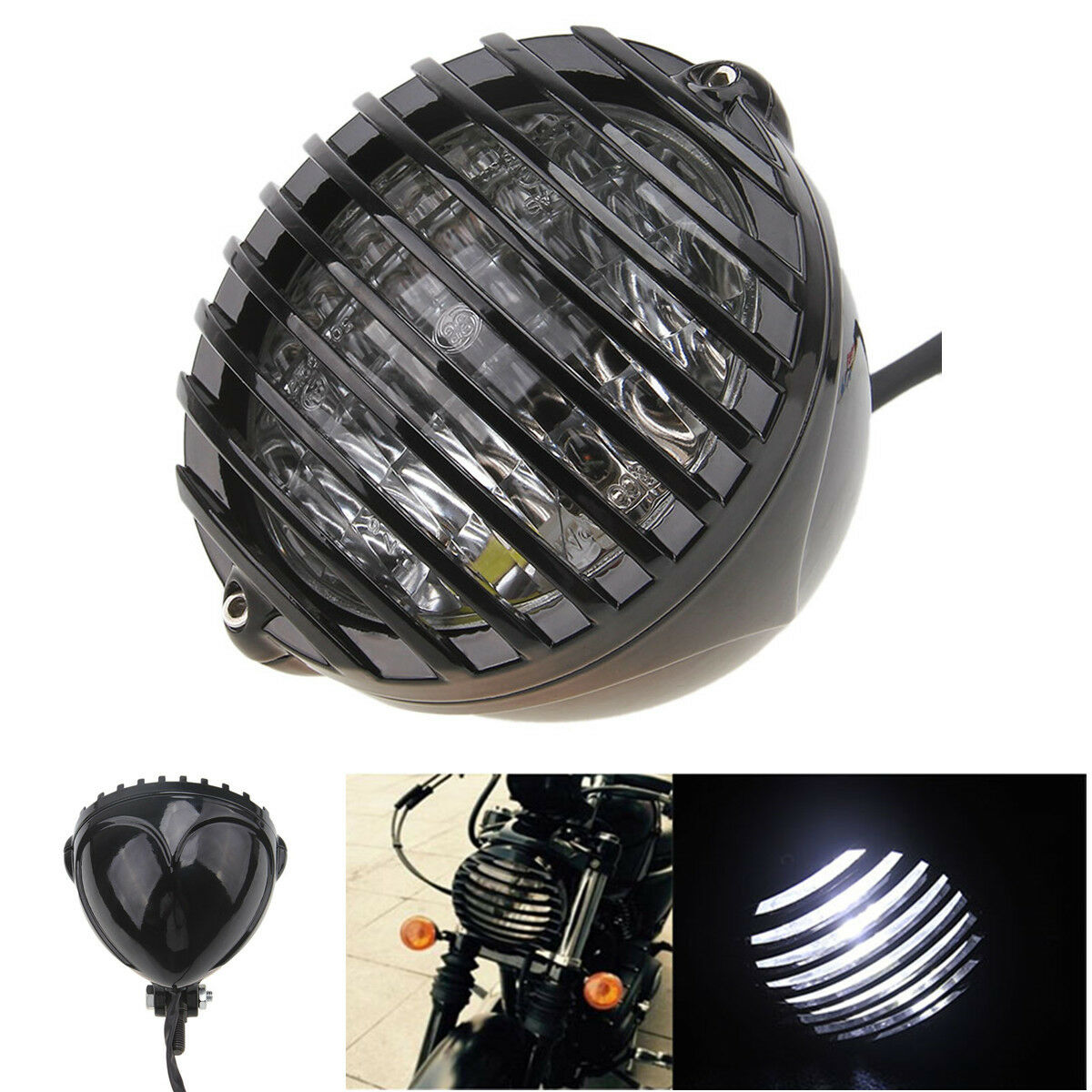 Motorcycle Finned Grill LED Headlight For Suzuki Chopper Bobber Cafe Racer Black