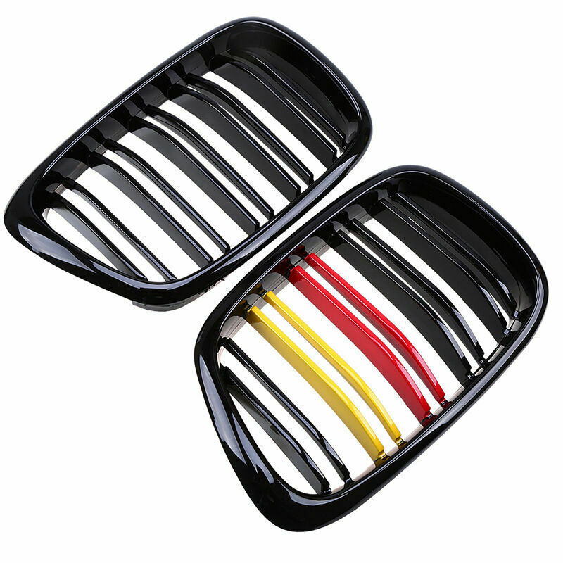 For BMW E39 5 Series 1997-2002 Pair Gloss Black Front Grille Grills Double Line
