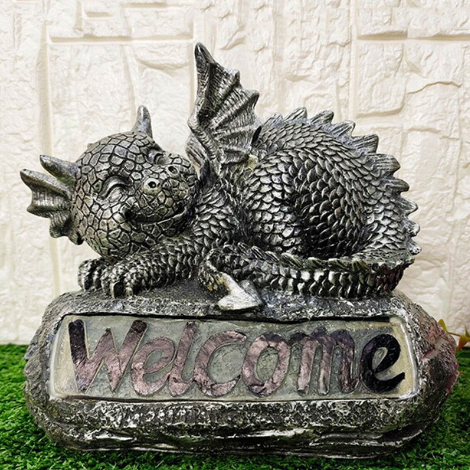 Cute Solar LED Welcome Sign Outdoor Garden Dragon Statue Entryway Ornaments