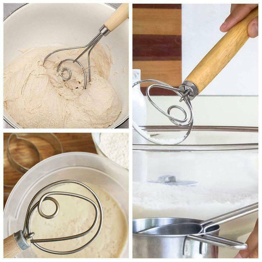Practical Wooden Handle Stainless Steel Danish Dough Blender Whisk Baking Tool