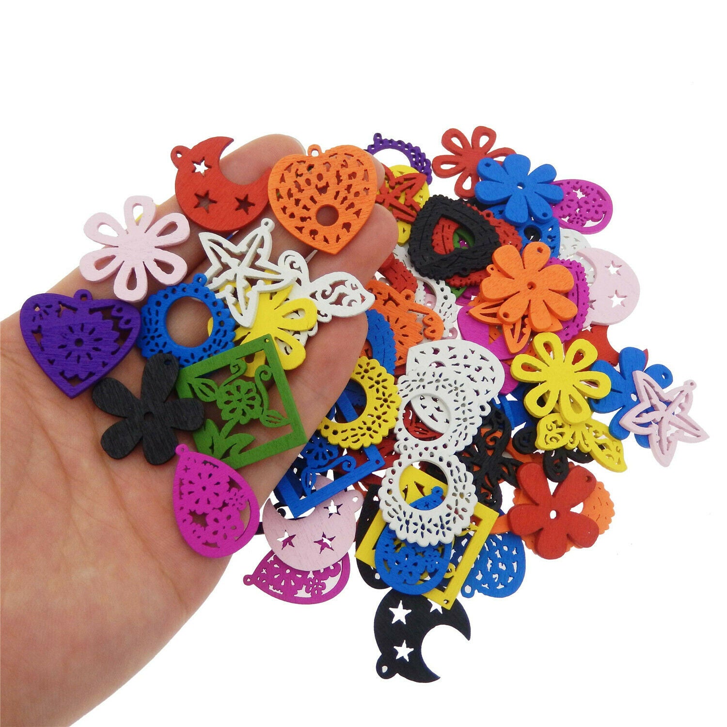 Lot of (x100) Assorted Mix Kinds Wooden Flowers Peace Signs Pendants Charms