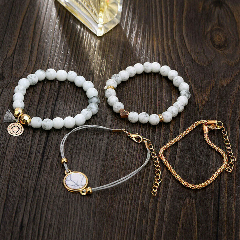 4Pcs/Set Boho Marble Beads Rope Tassel Bracelet Sets Womens Fashion Jewelry
