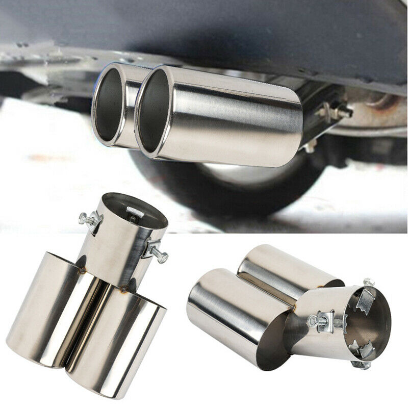 1X Car Double-Barrel Exhaust Pipe Trim Tip Tail Muffler Stainless Steel Clamp-on