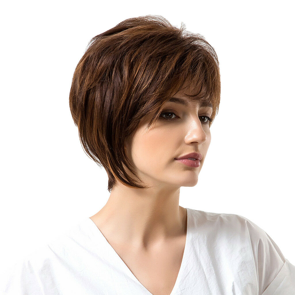 Short Human Hair Wig Deep Brown Color Layered Curly Wig Daily Party Heat OK