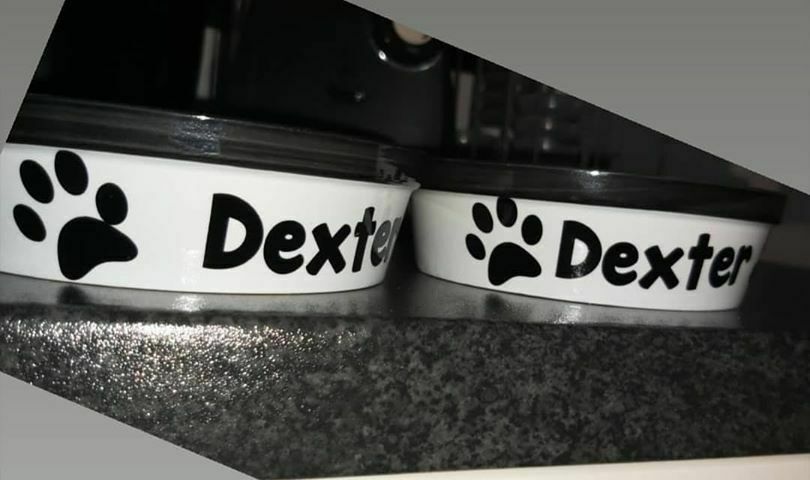 2x PERSONALISED DOG BOWL STICKERS DISH CUSTOM PET PUPPY FOOD WATER TREAT DECALS