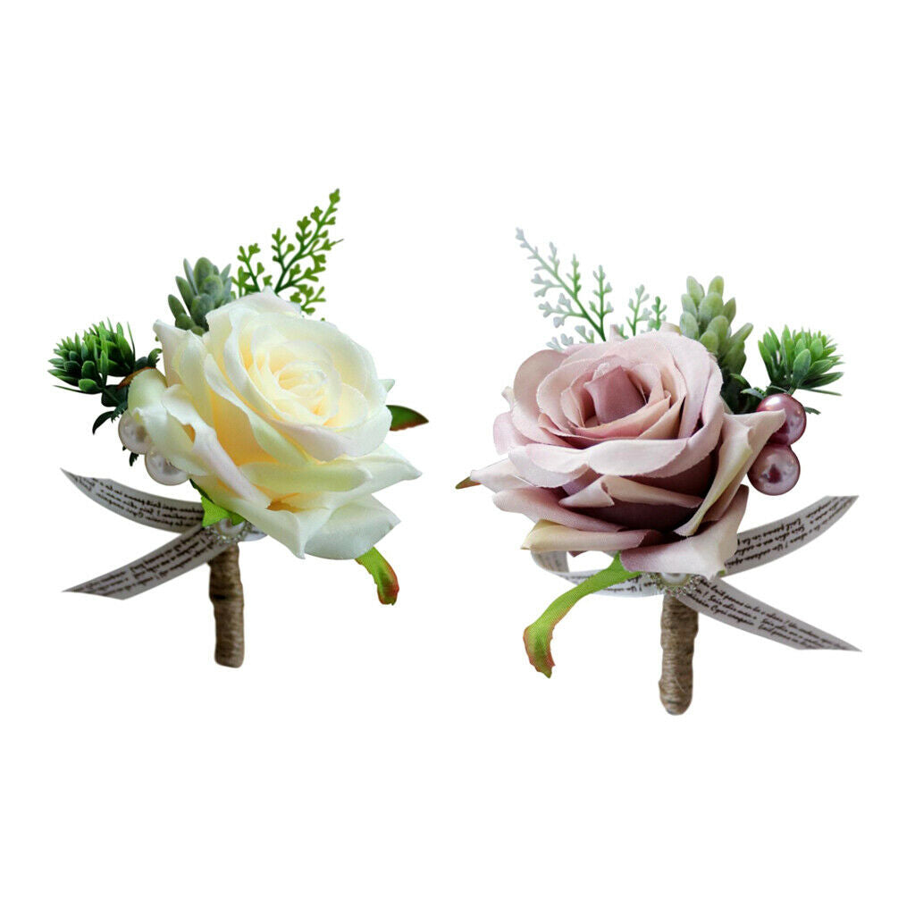 Set of 2 Rose Boutonniere Corsage Wristband Roses Wrist Corsage Man Girl