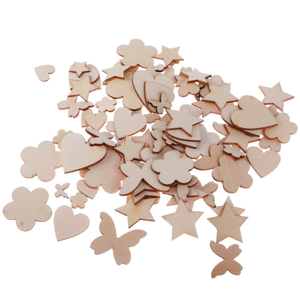 100pcs Assorted Wood Shape Heart Plum Flower Star Ebellishments For