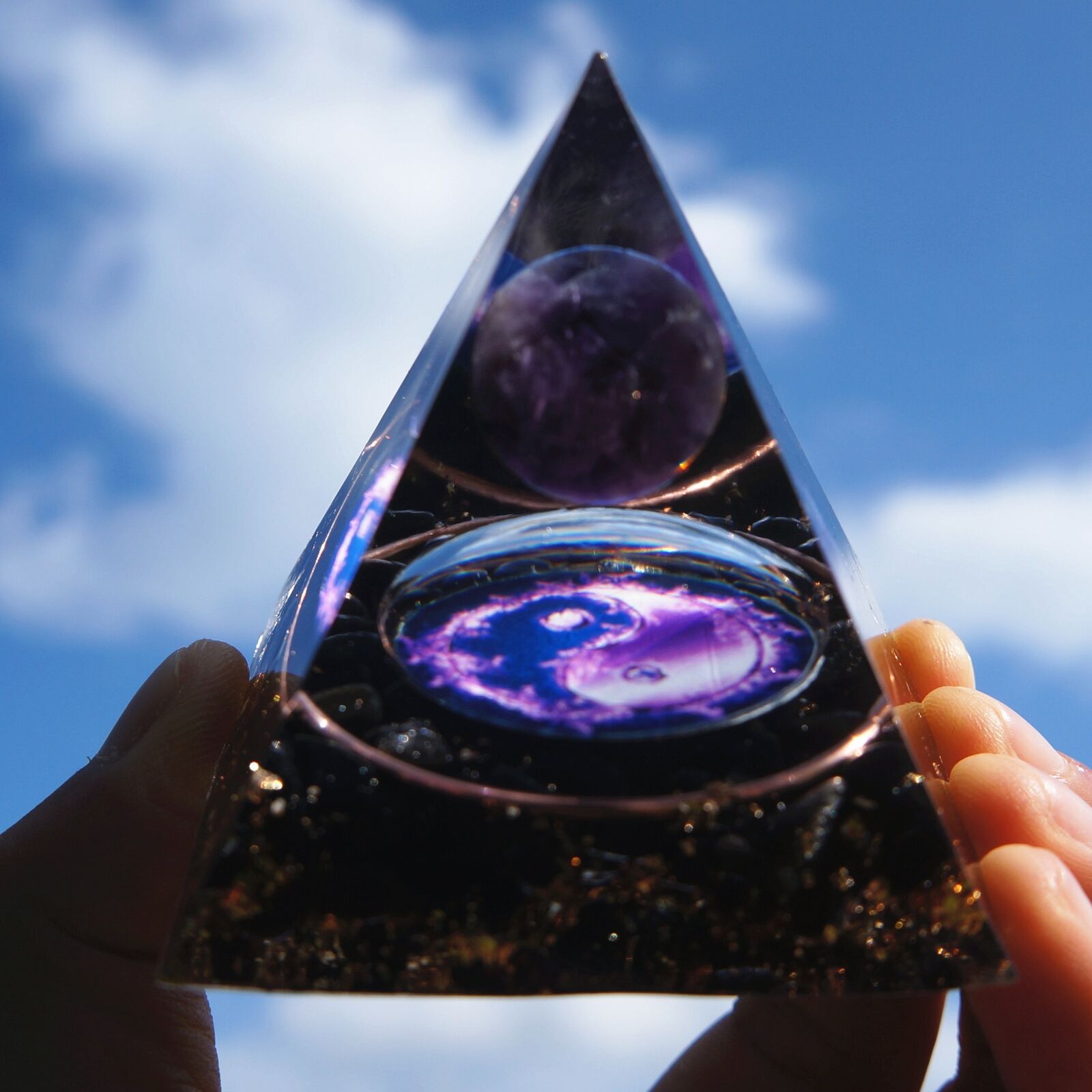 Amethyst Crystal Sphere Orgonite Pyramid with Obsidian Chakra Energy Orgone-US