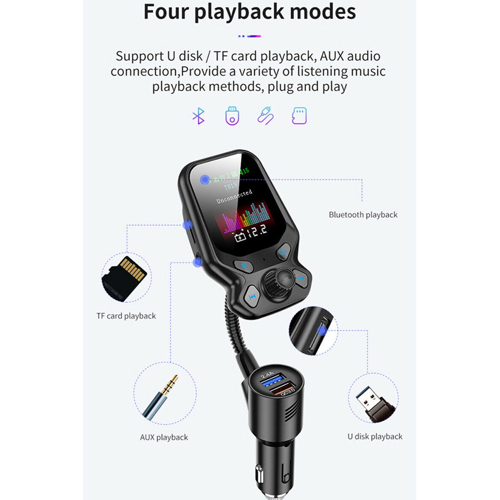 Bluetooth 5.0 In-Car Wireless FM Transmitter MP3 AUX Radio Adapter 2 USB Charger