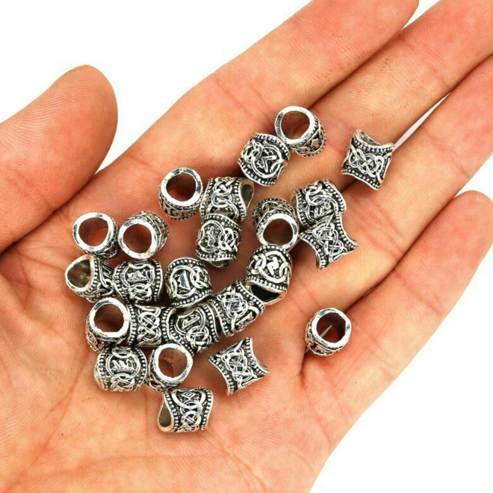 Hair Beads 24 Pcs Viking Rune Beads Sliver  Rings 0.51"  Rings