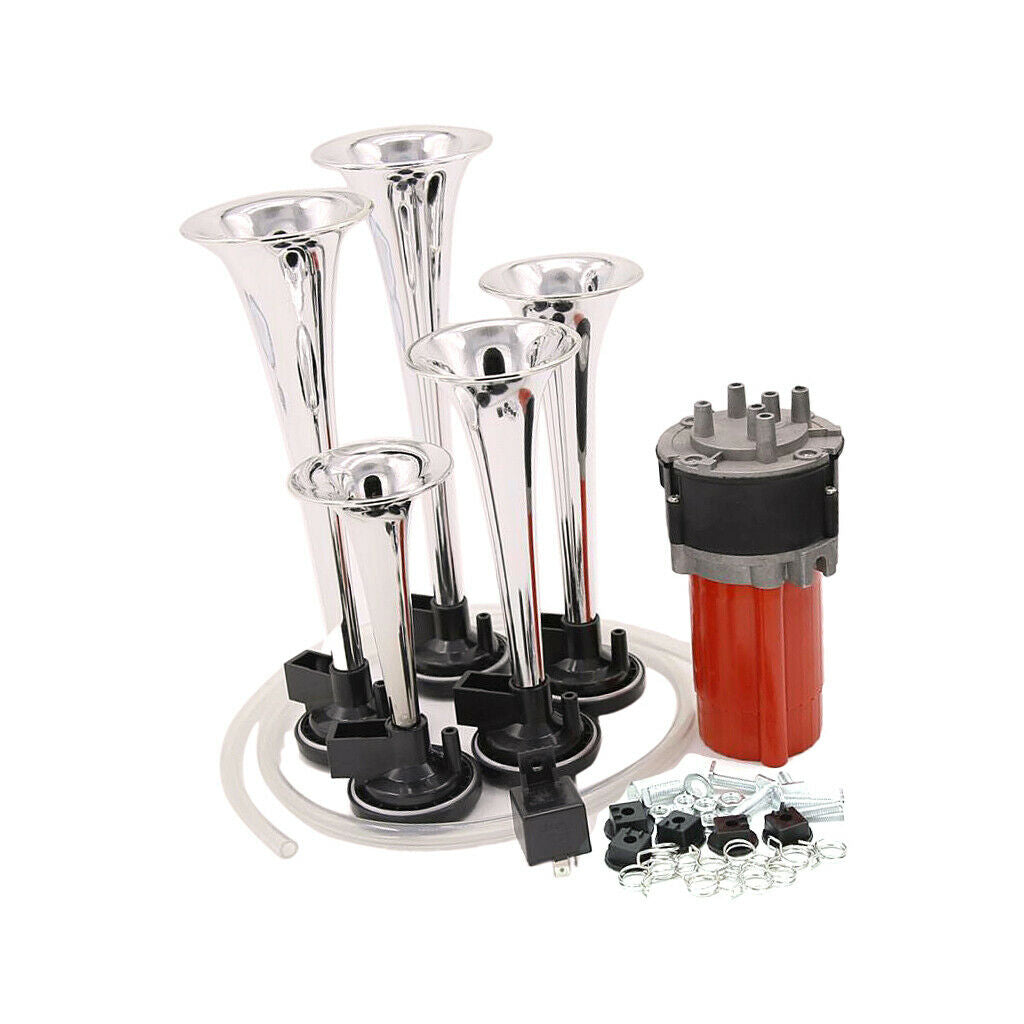 Musical Jazz Air Horn 5 Trumpet Super Loud 130db 12V Compressor Set Car Truck