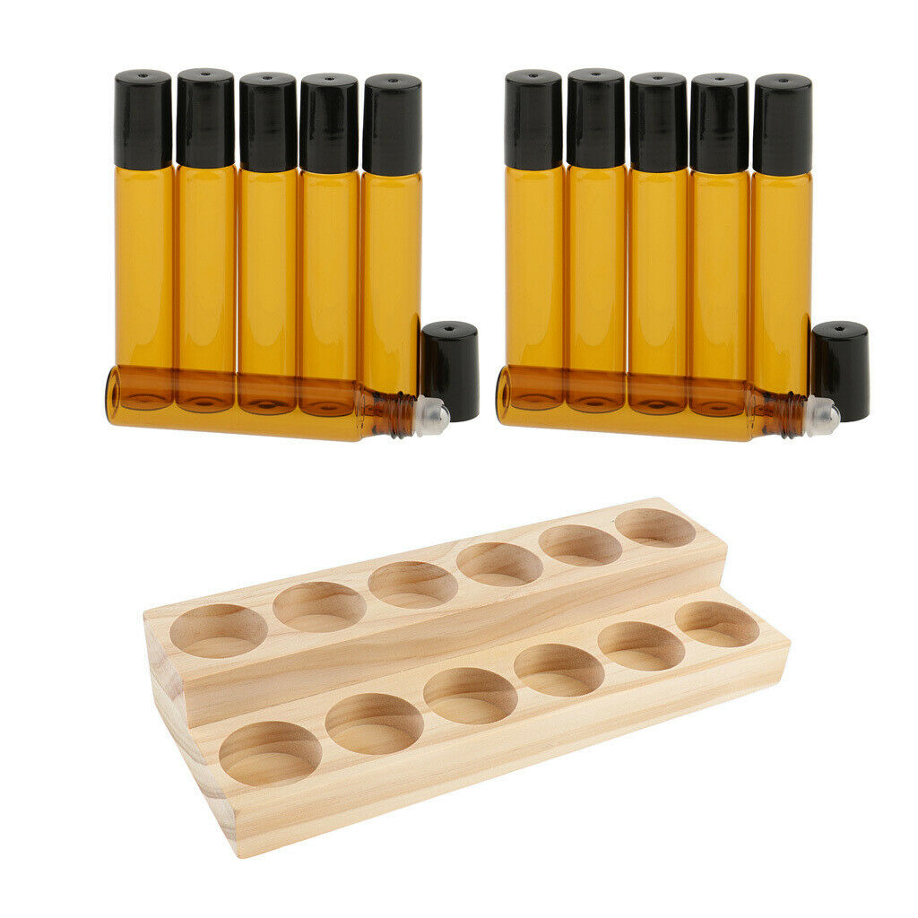 Wood Essential Oil Displaying Rack 2 Tiers Organizer + 12 Glass Bottles Set