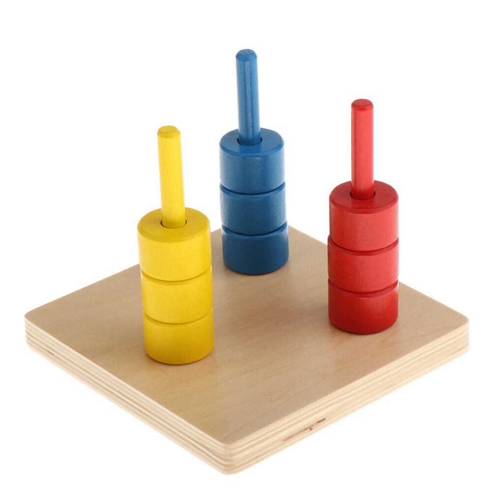 Wood 3 Colors Montessori Discs on 3 Dowel Geometry Toys Kid Math Handcrafted