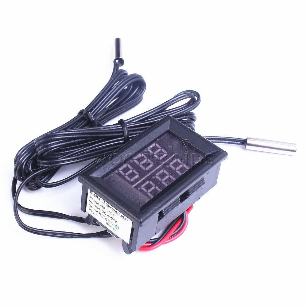 DC4-28V Thermometer Digital Temperature Sensor NTC Metal Probe Dual LED Display