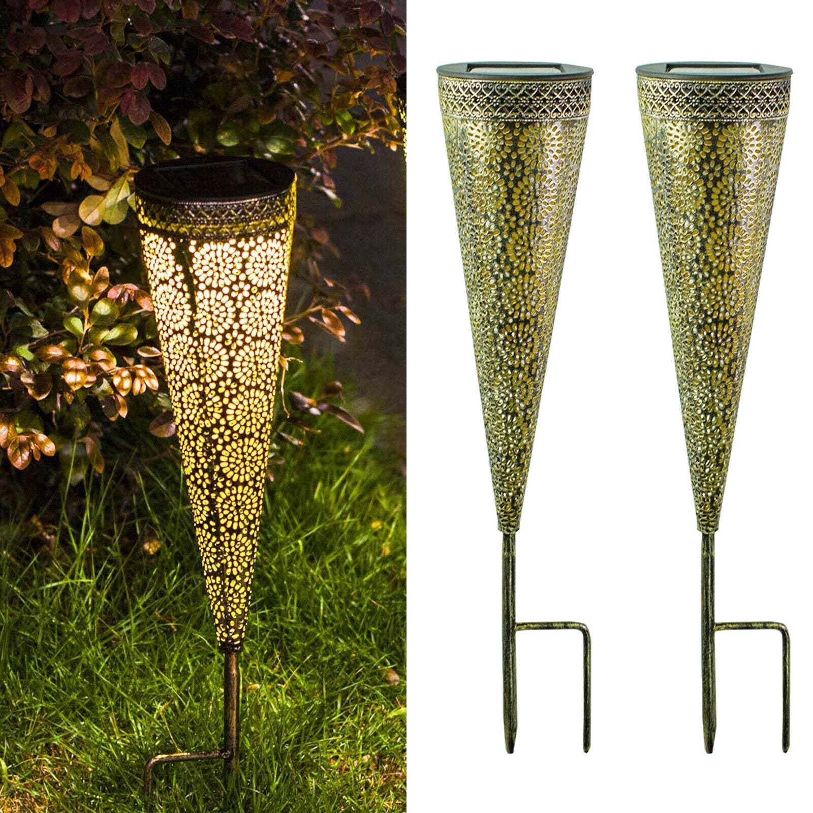 2x Garden Lamp Solar Powered Cone-shaped Standing Ornament Lights Waterproof