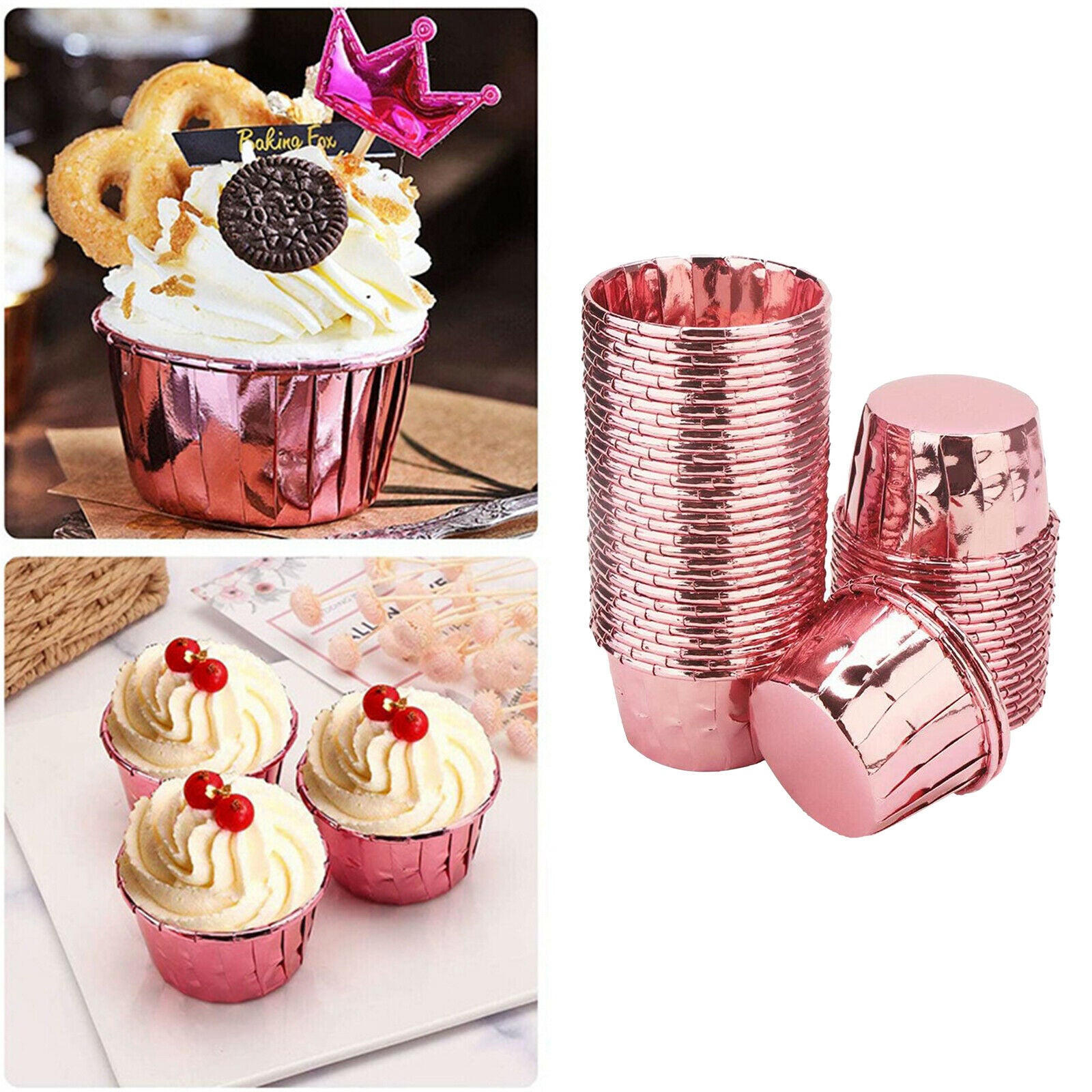 50x Foil Cup Cake Cases Cupcake Muffin Paper Baking Cups Wrappers Rose Pink