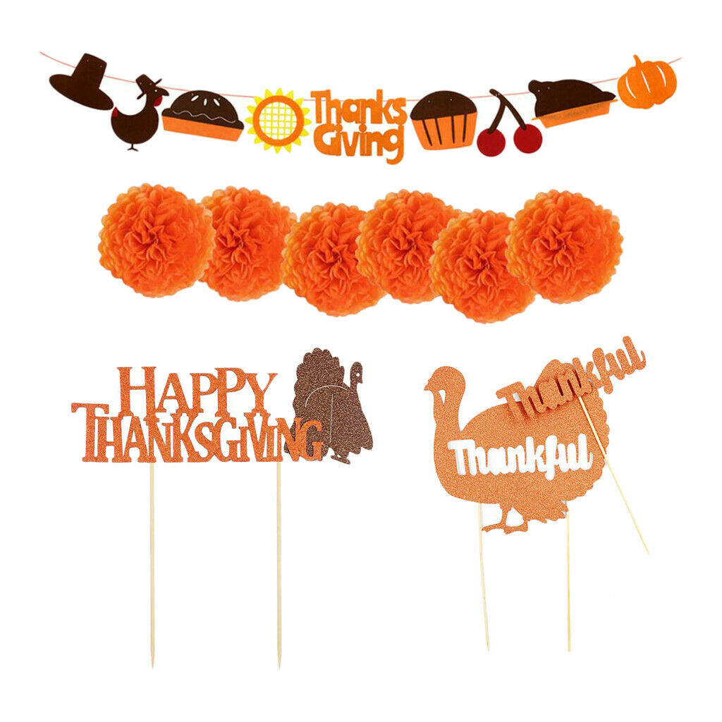 Happy Thanksgiving Banner Cupcake Picks Party Home Set Backdrop Bunting